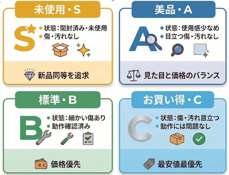 iPhone16eの中古品はどこで安く買える?最安値は?おすすめショップ5選と失敗しない選び方【2026年最新】 15 グレードの端末状態の目安図解
